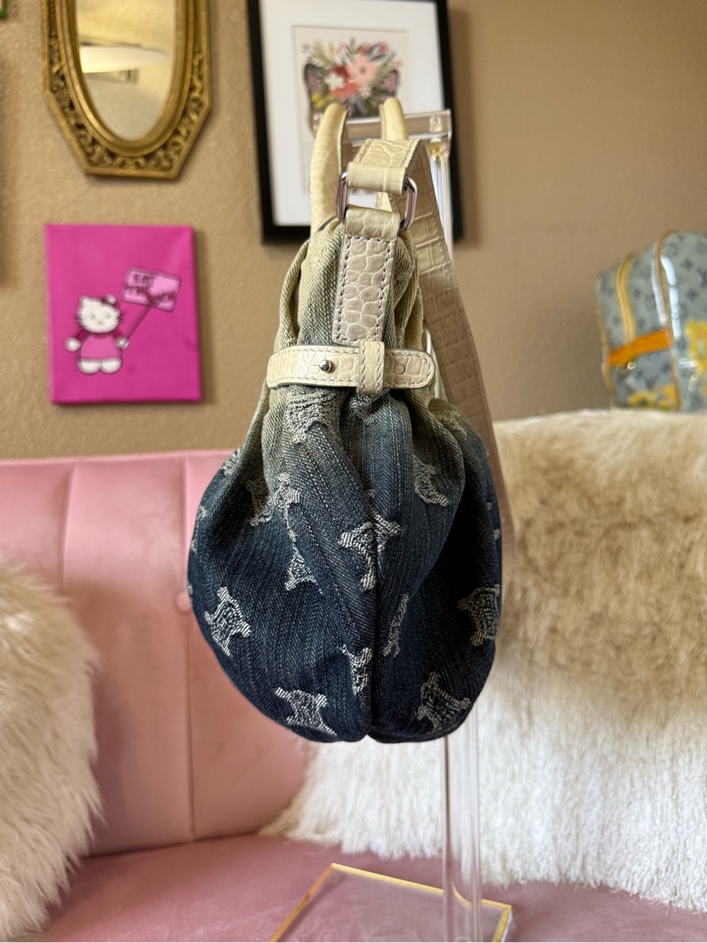 Authentic CELINE Macadam Ombre DENIM Bag Croc-Embossed Leather wSilver Hardware - Picture 4 of 16
